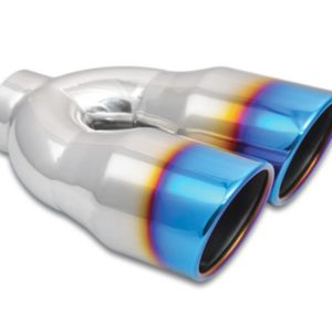 Vibrant 2.5in ID Dual 3.5in OD Round SS Tips (Single Wall, Angle Cut) with Burnt Blue Finish