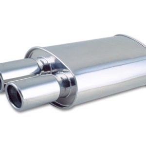Vibrant StreetPower Oval Muffler with Dual 3.5in Round Tip Angle Cut Rolled Edge - 2.5in inlet I.D.